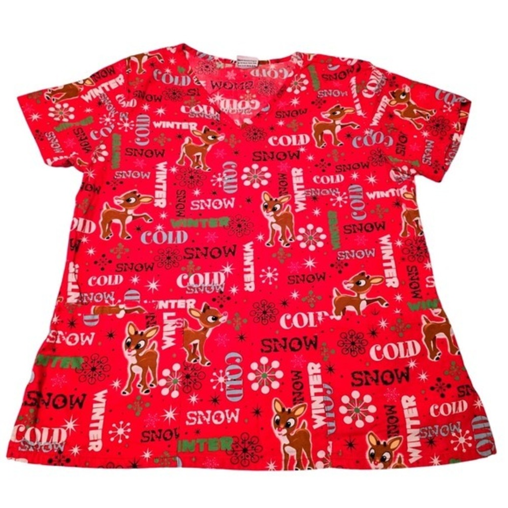 Women's Size Small Rudolph Winter Pattern Scrub Top, Excellent‎ Condition